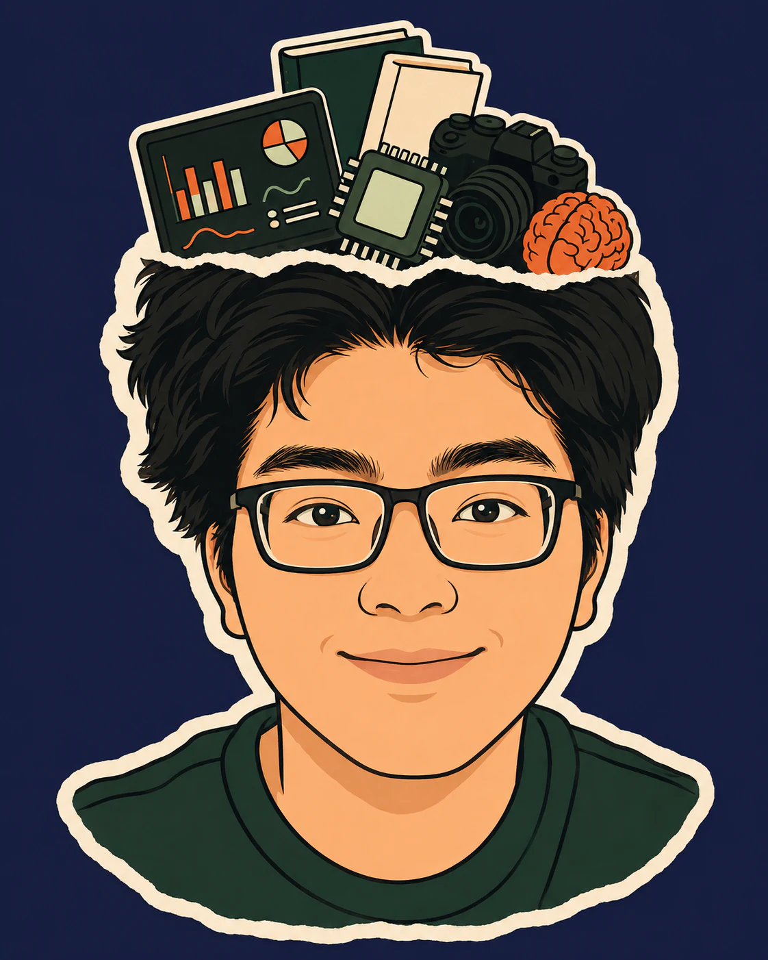 微笑的吴胤乐平面卡通形象,搭配 AI、金融研究与摄影主题插画